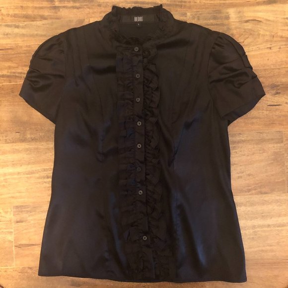 Bedo Tops - BEDO Faux Satin Button-Down Short Sleeve Blouse